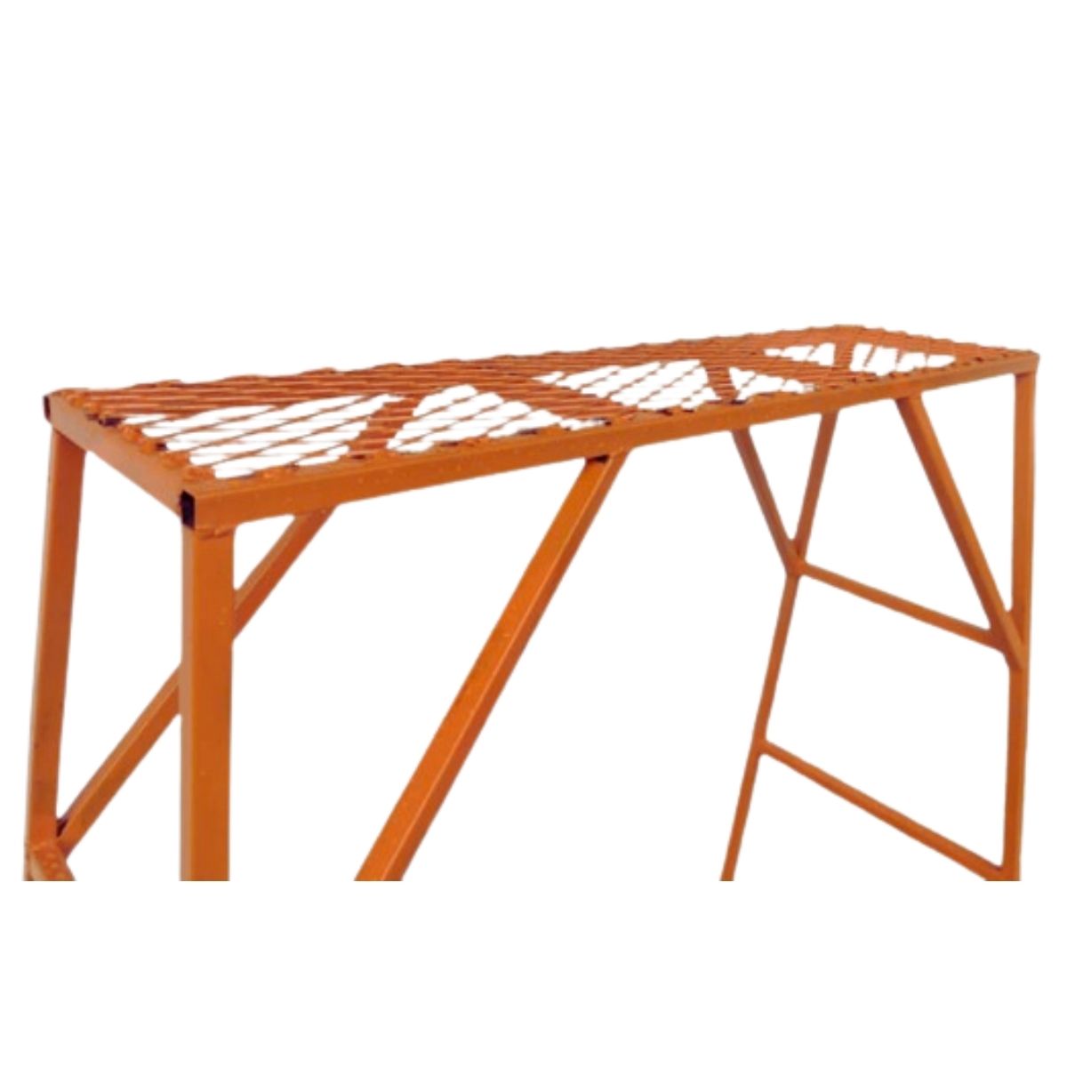 A steel working stool or platform frame for aluminium formwork systems, featuring a wire mesh screen platform on A-frame structural support legs for better stability for workers