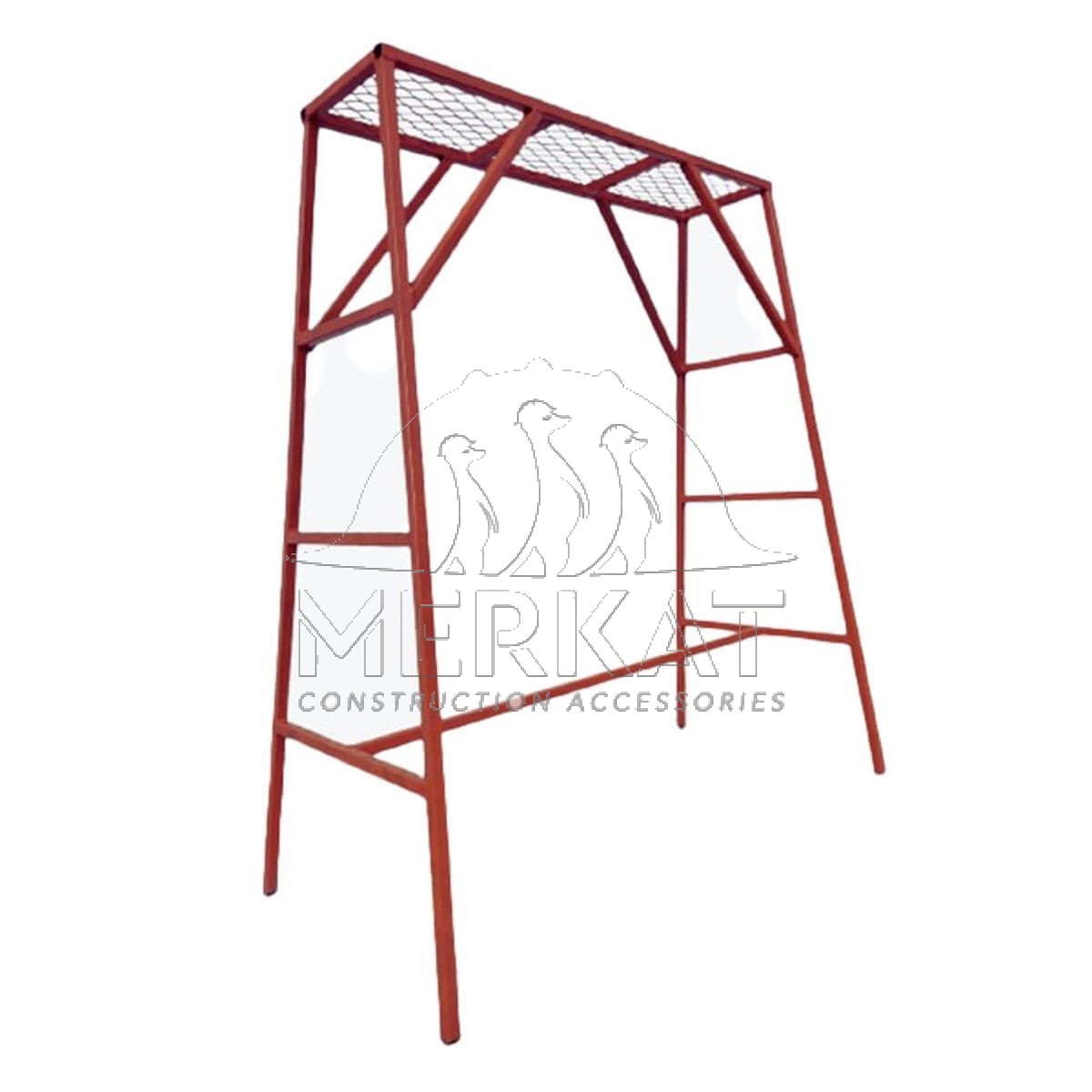 A steel working stool or platform frame for aluminium formwork systems, featuring a wire mesh screen platform and A-frame structural support legs for better stability for workers