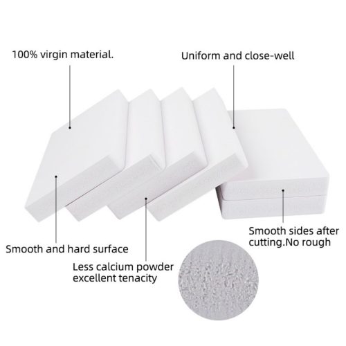 White PVC foam board sheet showing its smooth matte surface and clean, dense rigid core edges, made with 100% virgin material