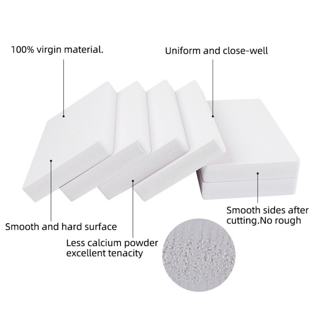 White PVC foam board sheet showing its smooth matte surface and clean, dense rigid core edges, made with 100% virgin material