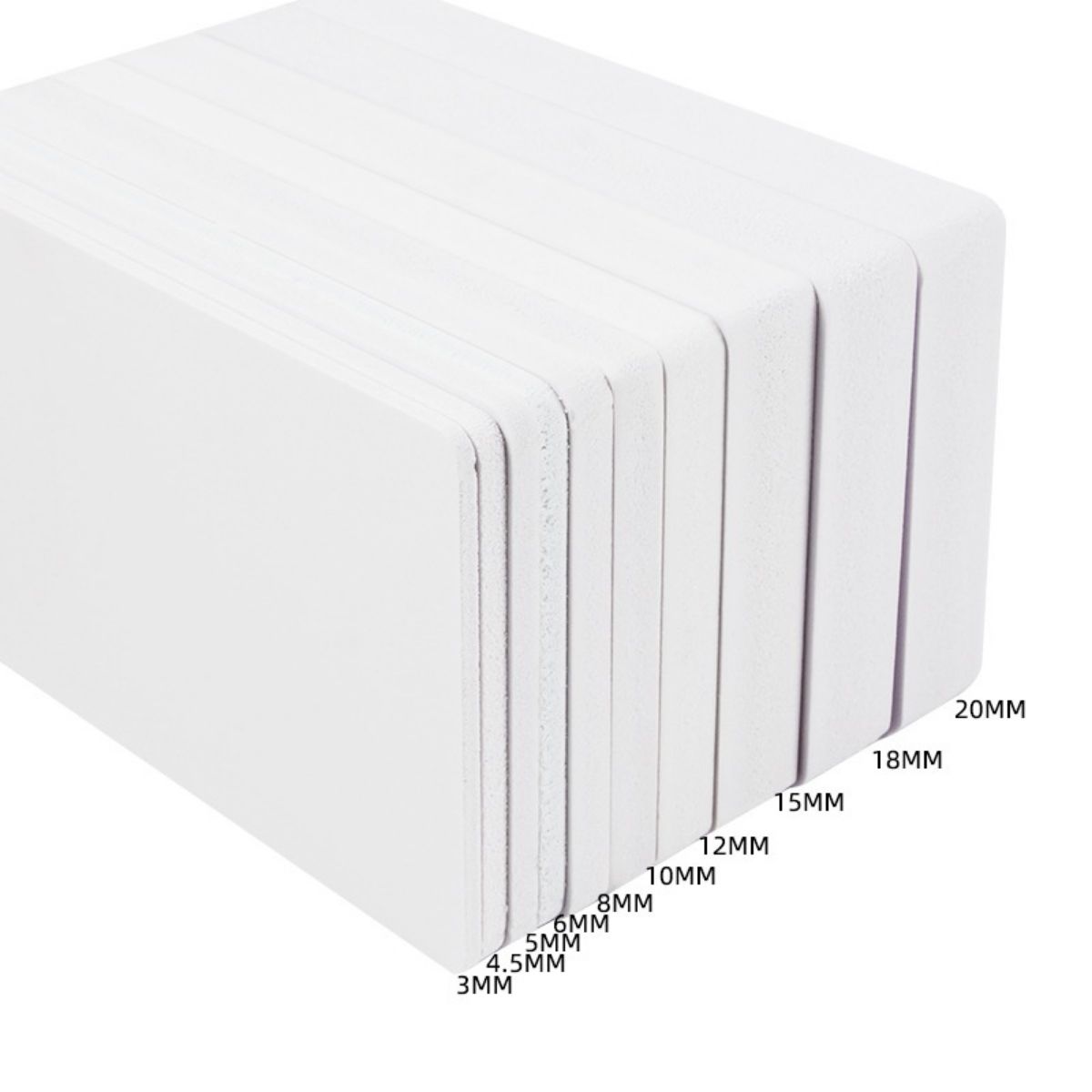 White PVC foam board sheets displaying thickness options including 3mm, 4.5mm, 5mm, 6mm, 8mm, 10mm, 12mm, 15mm, 18mm, and 20mm.