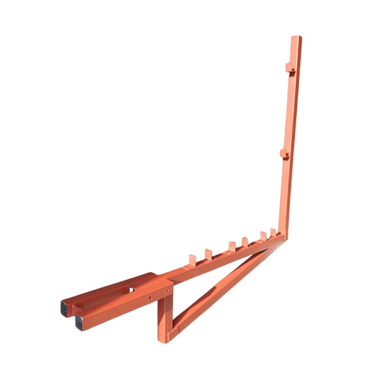 Steel working platform bracket designed for aluminium formwork systems, featuring integrated guardrail posts, a reinforced triangular support structure, and integrated locking tabs for stability