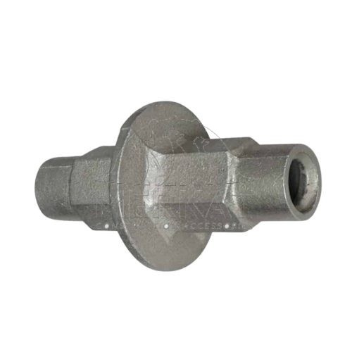 A heavy-duty cast steel water stop tie nut featuring an internally threaded sleeve and a central circular water-barrier flange to prevent water seeping.