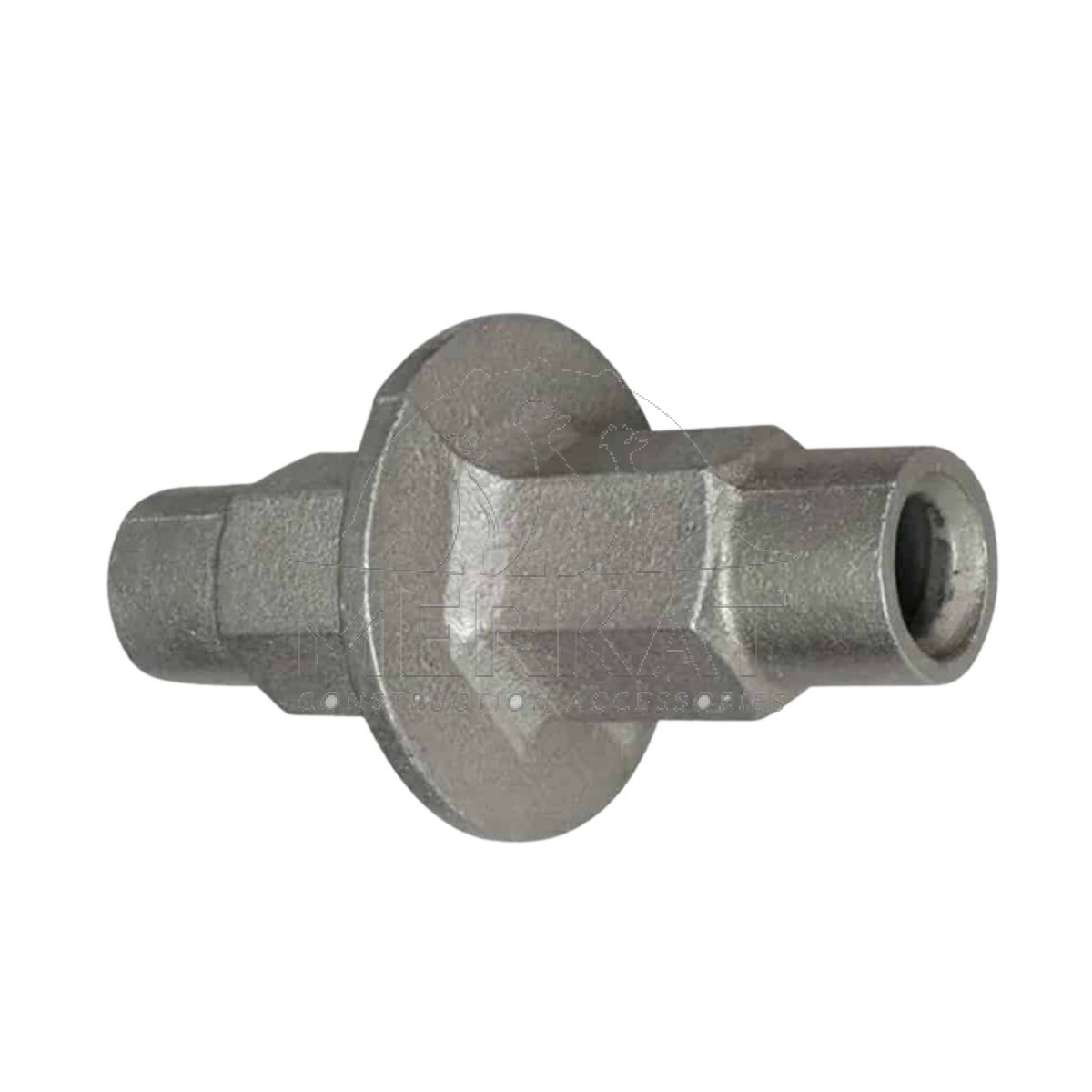 A heavy-duty cast steel water stop tie nut featuring an internally threaded sleeve and a central circular water-barrier flange to prevent water seeping.