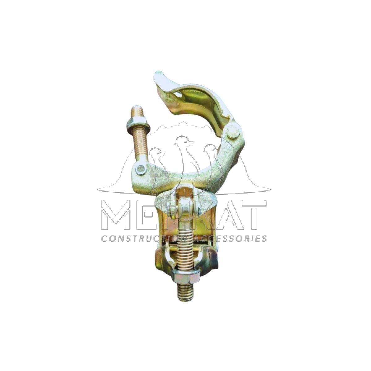 Zinc-plated steel scaffolding swivel clamp coupler for use with scaffolding.