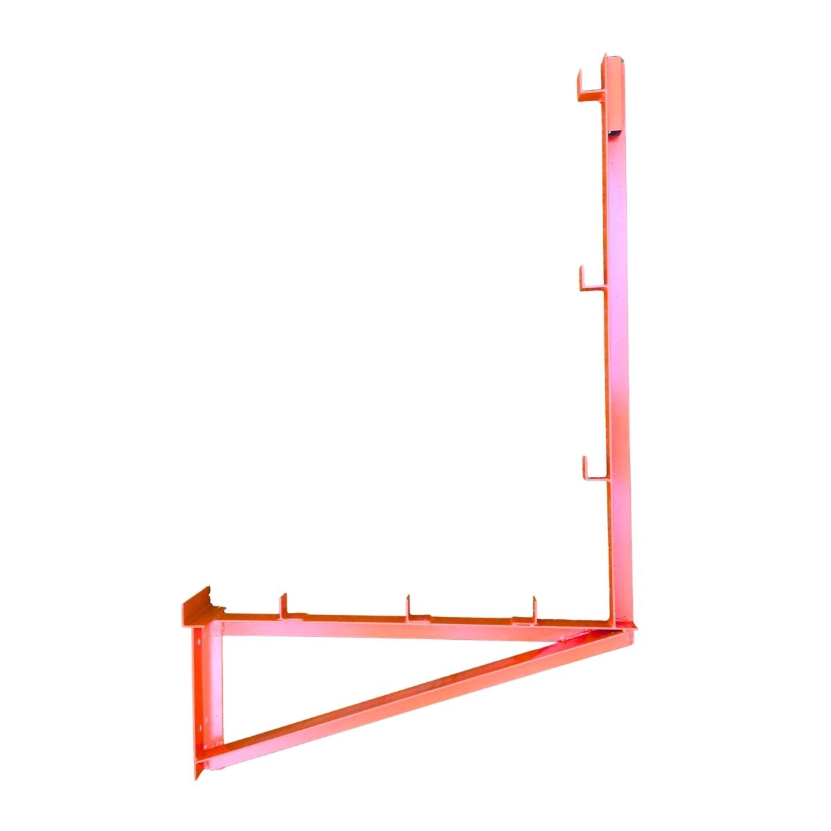 Steel working platform bracket designed for aluminium formwork systems, featuring integrated guardrail posts, a reinforced triangular support structure, and integrated locking tabs for stability